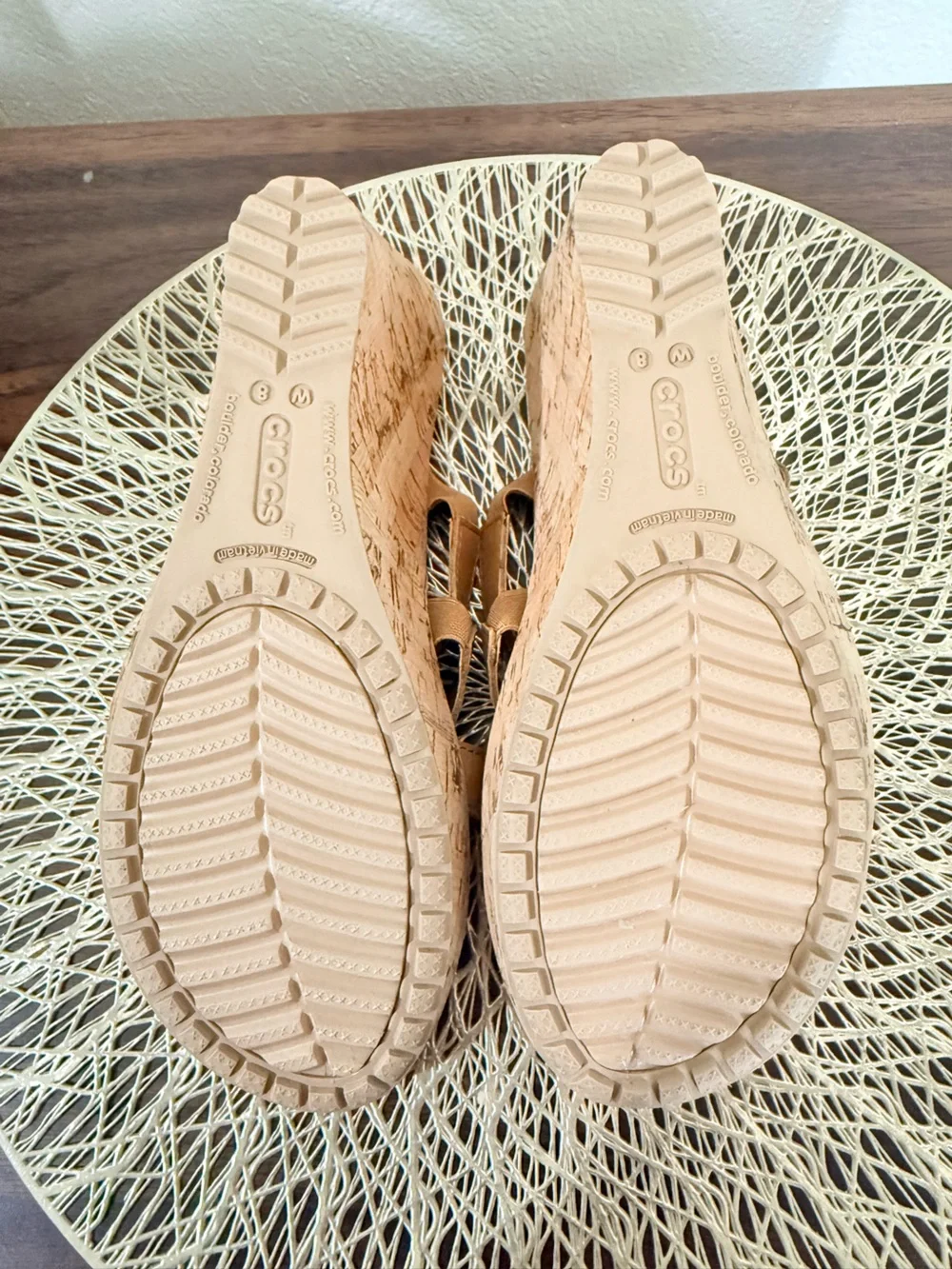 Crocs A- Leigh Tan Leather Wedge Slide Sandals Women Size 8 Cork Detail Comfort